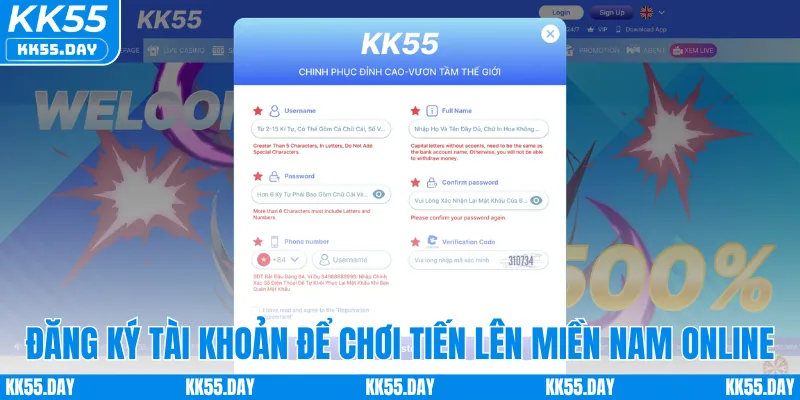Tiến Lên Miền Nam Online: Game Bài Hấp Dẫn Số 1 Tại KK55 3 Đăng ký tài khoản KK55 để chơi tiến lên miền Nam online