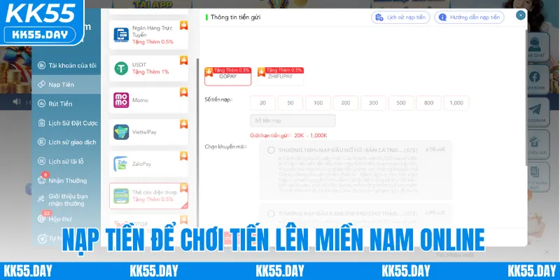 Tiến Lên Miền Nam Online: Game Bài Hấp Dẫn Số 1 Tại KK55 4 Nạp tiền để chơi tiến lên miền Nam online